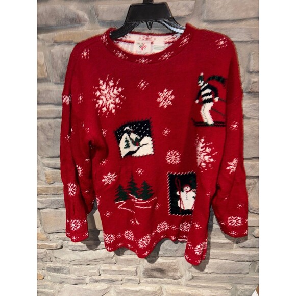Nut Cracker Sweaters - Vintage NutCracker Sweater Womens Medium Red Sweater Made USA Snowflake Ski 90s